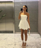 Sexy A Line Strapless White Satin Short Summer Birthday Dress Hoco Dress Birthday Outfit 18th Birthday Mini Party Dresses HZ1121