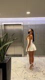Sexy A Line Strapless White Satin Short Summer Birthday Dress Hoco Dress Birthday Outfit 18th Birthday Mini Party Dresses HZ1121