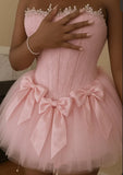 Sexy Ball Gown Strapless White Tulle Short Summer Birthday Dress Hoco Dress Birthday Outfit 18th Birthday Mini Party Dresses HZ1121