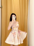 Sexy A Line Spaghetti Straps Pink Floral Short Summer Birthday Dress Hoco Dress Birthday Outfit 18th Birthday Mini Party Dresses HZ1121