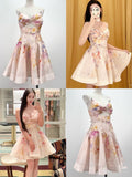 Sexy A Line Spaghetti Straps Pink Floral Short Summer Birthday Dress Hoco Dress Birthday Outfit 18th Birthday Mini Party Dresses HZ1121