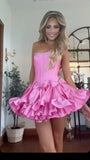 Sexy Ball Gown Strapless Pink Satin Short Summer Birthday Dress Hoco Dress Birthday Outfit 18th Birthday Mini Party Dresses HZ1121