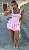 Sexy A Line Square Neckline Pink Satin Short Summer Birthday Dress Hoco Dress Birthday Outfit 18th Birthday Mini Party Dresses HZ1121