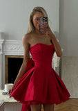Sexy A line Strapless Red Satin Short Summer Birthday Dress Hoco Dress Birthday Outfit 18th Birthday Mini Party Dresses HZ1121