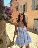 Sexy A line Spaghetti Straps Blue Short Summer Birthday Dress Hoco Dress Birthday Outfit 18th Birthday Mini Party Dresses HZ1121