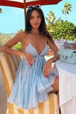 Sexy A line Spaghetti Straps Blue Backless Short Summer Birthday Dress Hoco Dress Birthday Outfit 18th Birthday Mini Party Dresses HZ1121