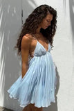 Sexy A line Spaghetti Straps Blue Backless Short Summer Birthday Dress Hoco Dress Birthday Outfit 18th Birthday Mini Party Dresses HZ1121