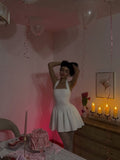 Pretty A line Halter White Satin Short Summer Birthday Dress Hoco Dress Birthday Outfit 19th Birthday Mini Party Dresses HZ1121