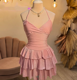 Cute A line Spaghetti Straps Sequin Pink Short Summer Birthday Dress Hoco Dress Birthday Outfit 21st Birthday Mini Party Dresses HZ1121