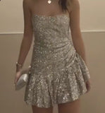 Simple A line Strapless Sequin Silver Short Summer Birthday Dress Hoco Dress Birthday Outfit 21st Birthday Mini Party Dresses HZ1121