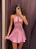 Pretty A line Halter Pink Satin Short Summer Birthday Dress Hoco Dress Birthday Outfit 19th Birthday Mini Cocktail Dresses HZ1121