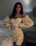 Pretty Sheath Off The Shoulder Gold Sequin Summer Birthday Dress Hoco Dress Birthday Outfit 19th Birthday Mini Cocktail Dresses HZ1121