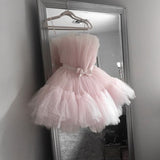 Cute Ball Gown Strapless Tulle Pink Short Summer 20th Birthday Dress Hoco Dress Birthday Outfit 18th Birthday Mini Party Dresses HZ1121
