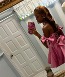 Pretty A line Off The Shoulder Pink Satin Summer Birthday Dress Hoco Dress Birthday Outfit 19th Birthday Mini Cocktail Dresses HZ1121