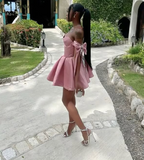 Pretty A line Off The Shoulder Pink Satin Summer Birthday Dress Hoco Dress Birthday Outfit 19th Birthday Mini Cocktail Dresses HZ1121