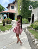 Pretty A line Off The Shoulder Pink Satin Summer Birthday Dress Hoco Dress Birthday Outfit 19th Birthday Mini Cocktail Dresses HZ1121