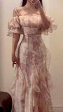 Stunning Sheath Spaghetti Straps Pink Floral Long 21st Birthday Dress Party Dress Birthday Outfit HZ1121