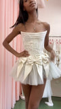 Cute Ball Gown Strapless White Satin Short Summer 20th Birthday Dress Hoco Dress Birthday Outfit 18th Birthday Mini Party Dresses HZ1121