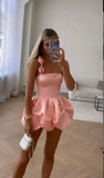 Sexy Sheath Spaghetti Straps Pink Satin Short Summer Birthday Dress Hoco Dress Birthday Outfit 18th Birthday Mini Party Dresses HZ1121