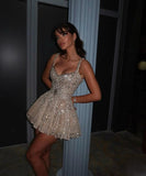 Sexy Ball Gown Straps Champagne Sequin Short Summer 20th Birthday Dress Hoco Dress Birthday Outfit 18th Birthday Mini Party Dresses HZ1121