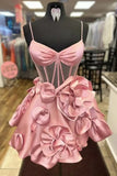 Sexy Ball Gown Spaghetti Straps Satin Pink Short Summer 20th Birthday Dress Hoco Dress Birthday Outfit 18th Birthday Mini Party Dresses HZ1121