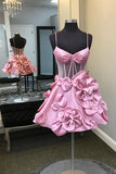 Sexy Ball Gown Spaghetti Straps Satin Pink Short Summer 20th Birthday Dress Hoco Dress Birthday Outfit 18th Birthday Mini Party Dresses HZ1121