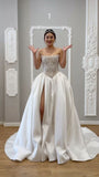 Romantic Bridal Gown Ball Gown Strapless Satin Slit White Wedding Dresses Minimalist Bridal Gowns HZ1121