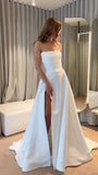 Classic Bridal Gown Ball Gown Strapless Satin White Slit Wedding Dresses Minimalist Bridal Gowns HZ1121