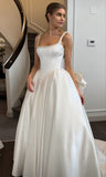 Classic Bridal Gown Ball Gown Square Neck Satin White Wedding Dresses Minimalist Bridal Gowns HZ1121
