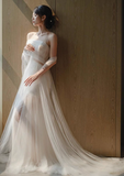 Vintage Bridal Gown Mermaid Strapless White Tulle Long Sleeves Wedding Dresses Minimalist Bridal Gowns HZ1121