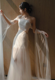 Vintage Bridal Gown Mermaid Strapless White Tulle Long Sleeves Wedding Dresses Minimalist Bridal Gowns HZ1121