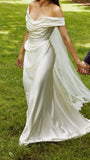 Vintage Bridal Gown Sheath Off The Shoulder White Satin Short Sleeves Wedding Dresses Minimalist Bridal Gowns HZ1121