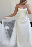 Vintage Bridal Gown Sheath Strapless White Satin Long Wedding Dresses Minimalist Bridal Gowns HZ1121