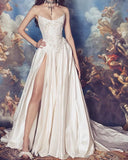 Romantic Bridal Gown A line Sweetheart Satin White Slit Wedding Dresses Minimalist Bridal Gowns HZ1121