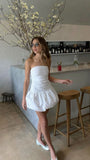 Pretty A line Strapless White Satin Sleeveless Summer Birthday Dress Hoco Dress Birthday Outfit 19th Birthday Mini Cocktail Dresses HZ1121