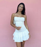 Cute A line Strapless White Lace Short Summer 18th Birthday Dress Hoco Dress Birthday Outfit 23rd Birthday Mini Party Dresses HZ1121