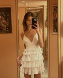 Simple A Line Spaghetti Straps Chiffon Ivory Ruffles Short Summer Birthday Dress Hoco Dress Birthday Outfit 18th Birthday Mini Cocktail Dresses HZ1121