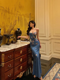 Elegant Mermaid Blue Floral Sleeveless 21st Birthday Dress Party Gown Birthday Outfits Birthday Dress Ideas For Women HZ1121