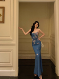 Elegant Mermaid Blue Floral Sleeveless 21st Birthday Dress Party Gown Birthday Outfits Birthday Dress Ideas For Women HZ1121