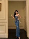 Elegant Mermaid Blue Floral Sleeveless 21st Birthday Dress Party Gown Birthday Outfits Birthday Dress Ideas For Women HZ1121