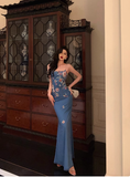 Elegant Mermaid Blue Floral Sleeveless 21st Birthday Dress Party Gown Birthday Outfits Birthday Dress Ideas For Women HZ1121