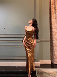 Classy Mermaid Spaghetti Straps Gold Satin Long 18th Birthday Dress Party Gown 21st Birthday Outfits Birthday Dress Ideas For Women HZ1121