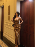 Classy Mermaid Spaghetti Straps Gold Satin Long 18th Birthday Dress Party Gown 21st Birthday Outfits Birthday Dress Ideas For Women HZ1121
