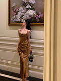 Classy Mermaid Spaghetti Straps Gold Satin Long 18th Birthday Dress Party Gown 21st Birthday Outfits Birthday Dress Ideas For Women HZ1121