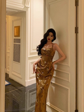 Classy Mermaid Spaghetti Straps Gold Satin Long 18th Birthday Dress Party Gown 21st Birthday Outfits Birthday Dress Ideas For Women HZ1121