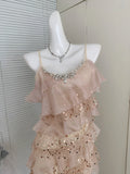 Sweet A Line Spaghetti Straps Pink Sequin Casual Dress Summer Short Holiday Dresses HZ1121