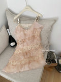 Sweet A Line Spaghetti Straps Pink Sequin Casual Dress Summer Short Holiday Dresses HZ1121