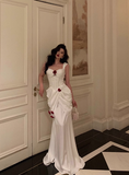 Elegant Mermaid Straps White Satin Sleeveless 21st Birthday Dresses Evening Gown Birthday Outfits Birthday Dress Ideas For Women HZ1121