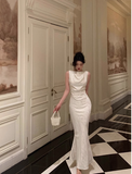 Elegant Sheath White Floral Satin Sleeveless 23rd Birthday Dress Party Gown Birthday Outfits Birthday Dress Ideas For Women HZ1121