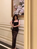 Elegant Sheath Square Neckline Black Floral Sleeveless 23rd Birthday Dress Party Gown Birthday Outfits Birthday Dress Ideas For Women HZ1121